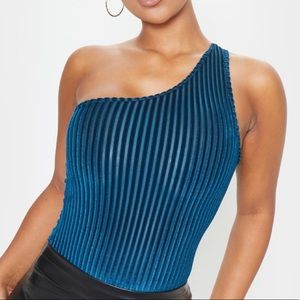 One shoulder blue velvet bodysuit